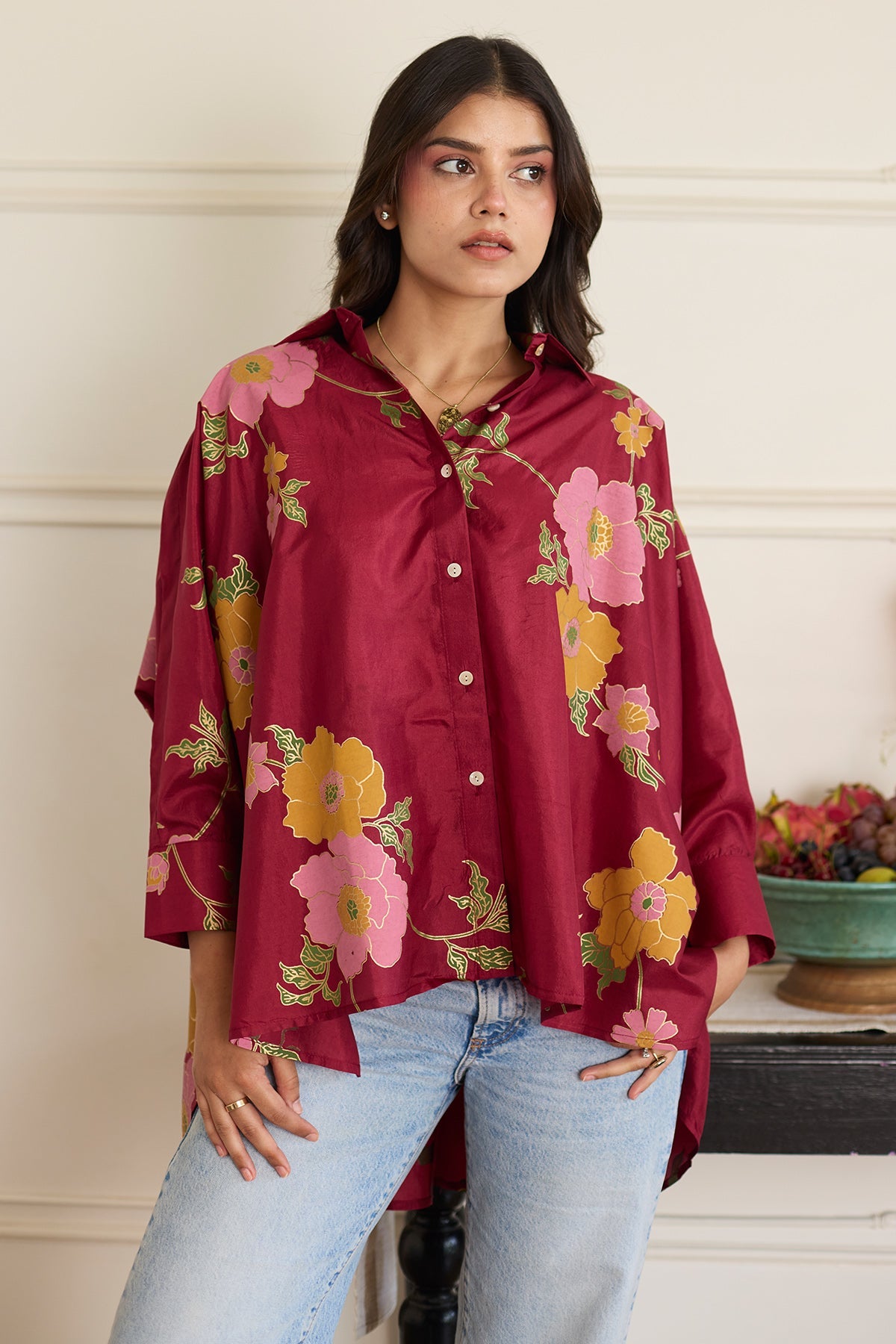 Buy Maroon Printed Oversized Shirt by Juanita For women Online at Scrollnshops